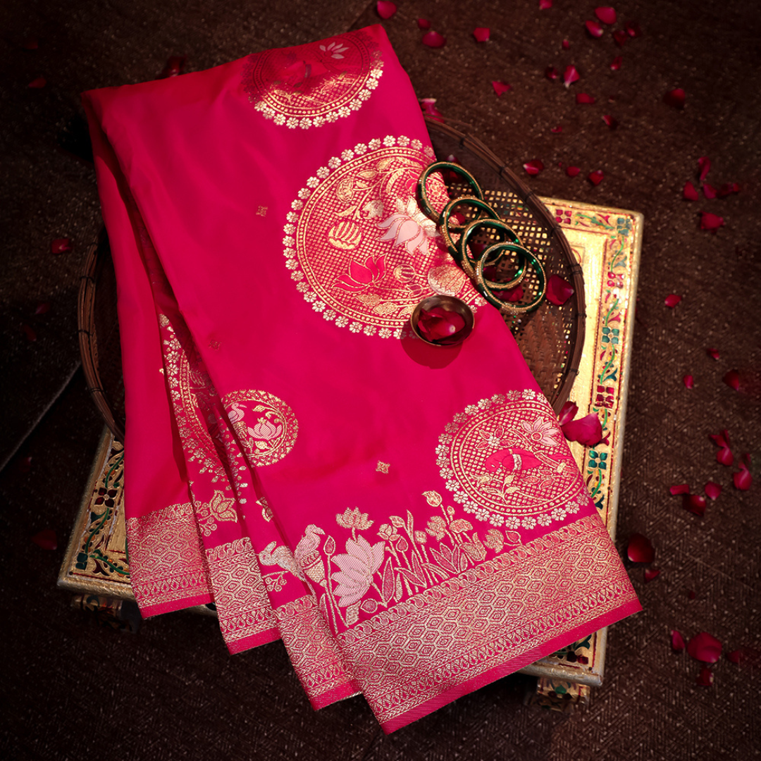 Elegant Katan Silk Saree with Anmol Zari, Meenakari, and Threadwork