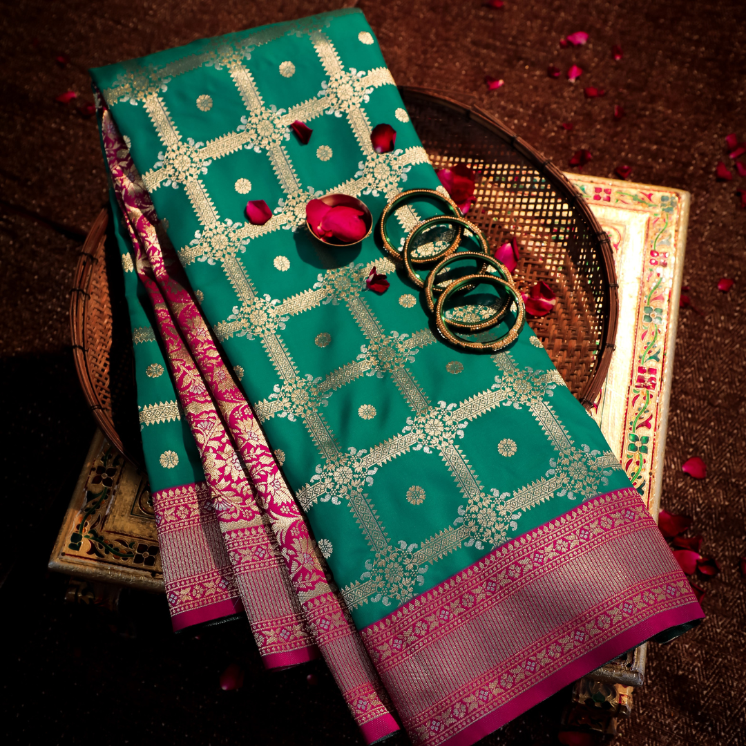 Patola Pattern Katan Silk Saree with Silver Jari Meenakari
